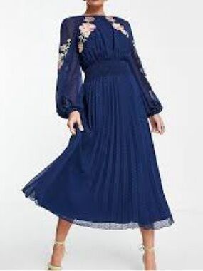 ASOS Navy Blue Embroidered Midi Dress